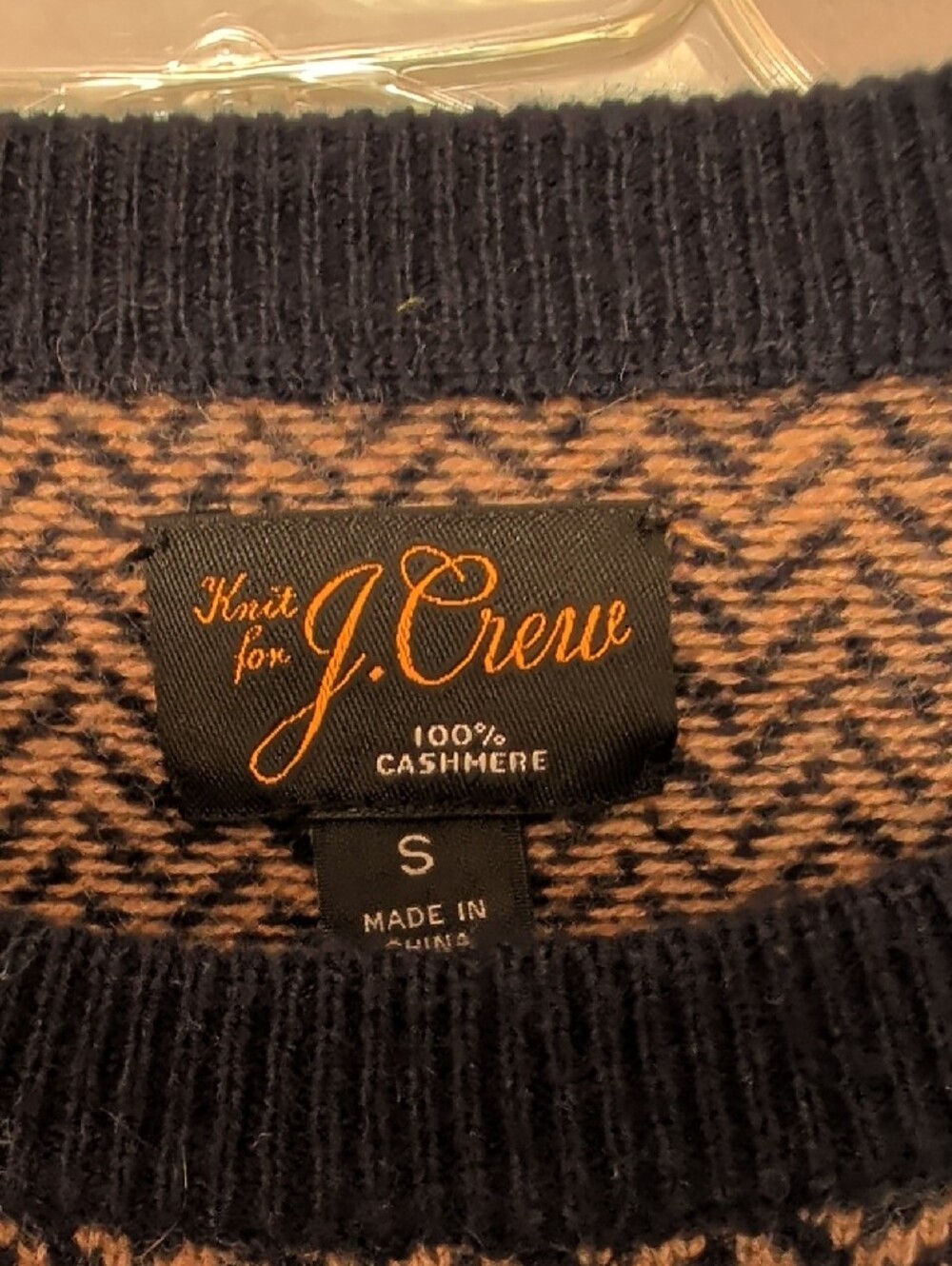 J. Crew 100% Cashmere Crewneck Sweater in Navy and Tan Herringbone - Picture 2 of 9